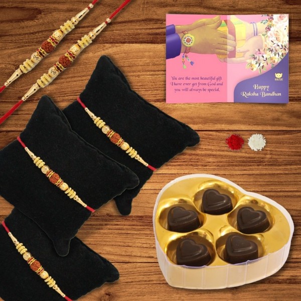 BOGATCHI 5 Heart Chocolate 5 Rakhi Roli Chawal and Greeting Card A | Rakhi gifts | Rakhi with Gift Combo 